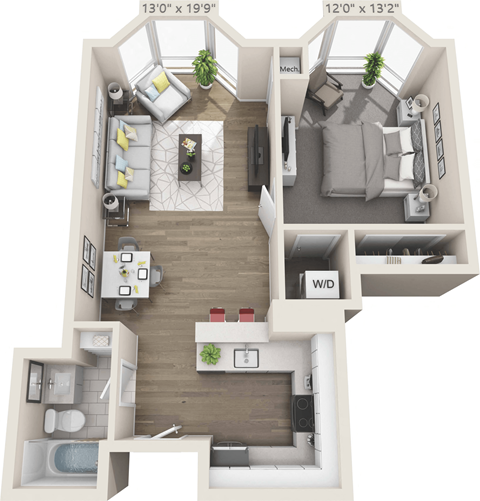 Floor plan for 1 bed, 1 bath, 668 sqft